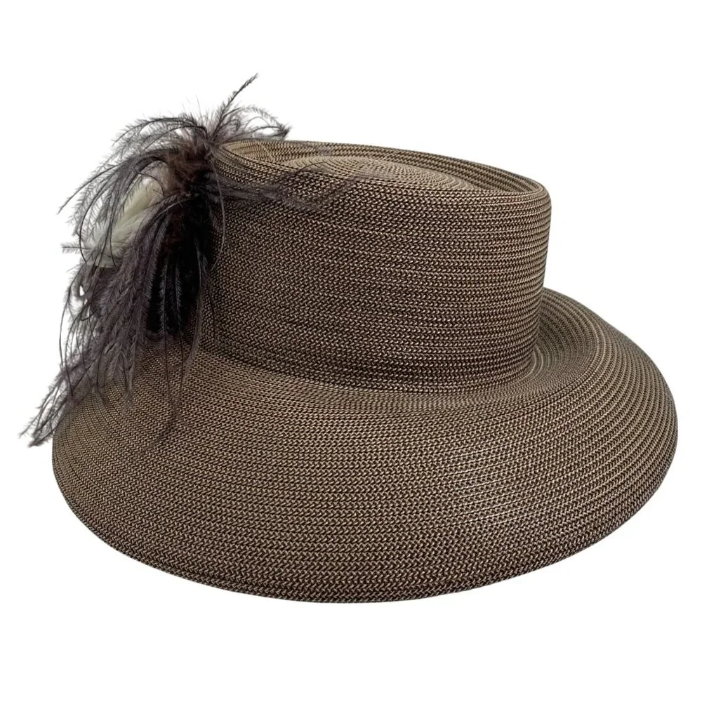 Preston York Beige Straw Kentucky Derby Dress Hat w/ Feathers + Ribbon Flowers